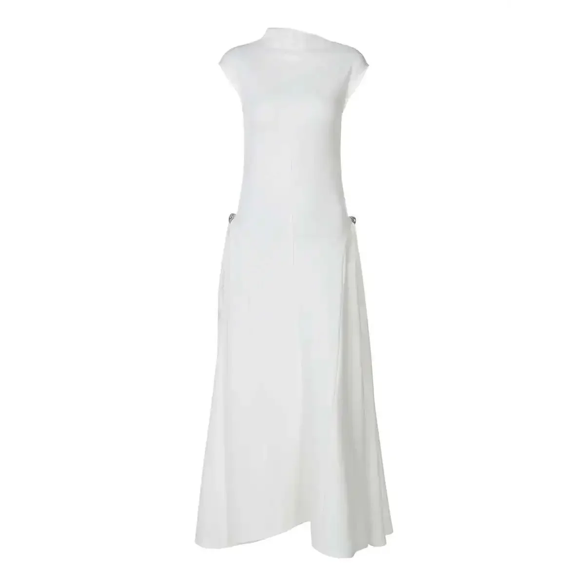 Sommerliches, neues, ärmelloses Damenkleid in Uni-Farbe, tailliert, lässiges Midikleid – Detail 22