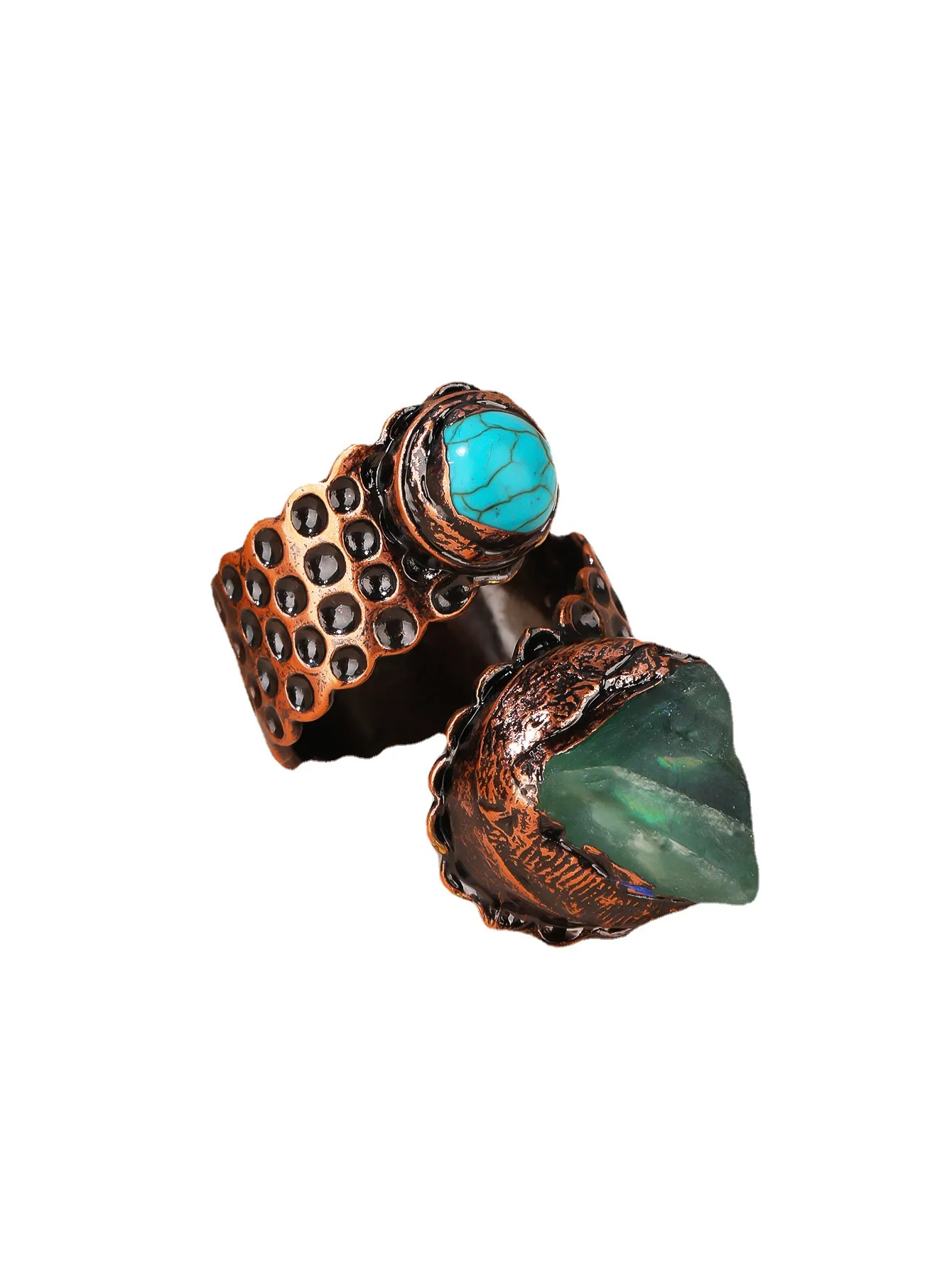 YEEVAA Green Fluorite Stone Turquoise Adjustable Ring Healing Crystal Gemstone Bronze Plated Double-headed Handmade Jewelry