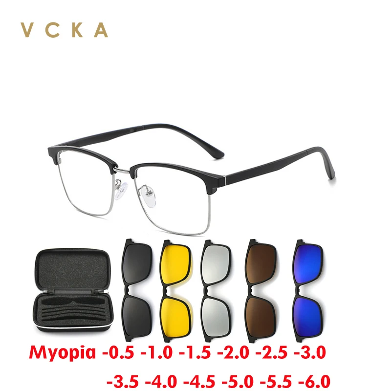 

VCKA 6 In1 Square Polarized Myopia Sunglasses Men Women Magnetic Clip Glasses Frames Optical Prescription Eyewear -0.5 to -6.0