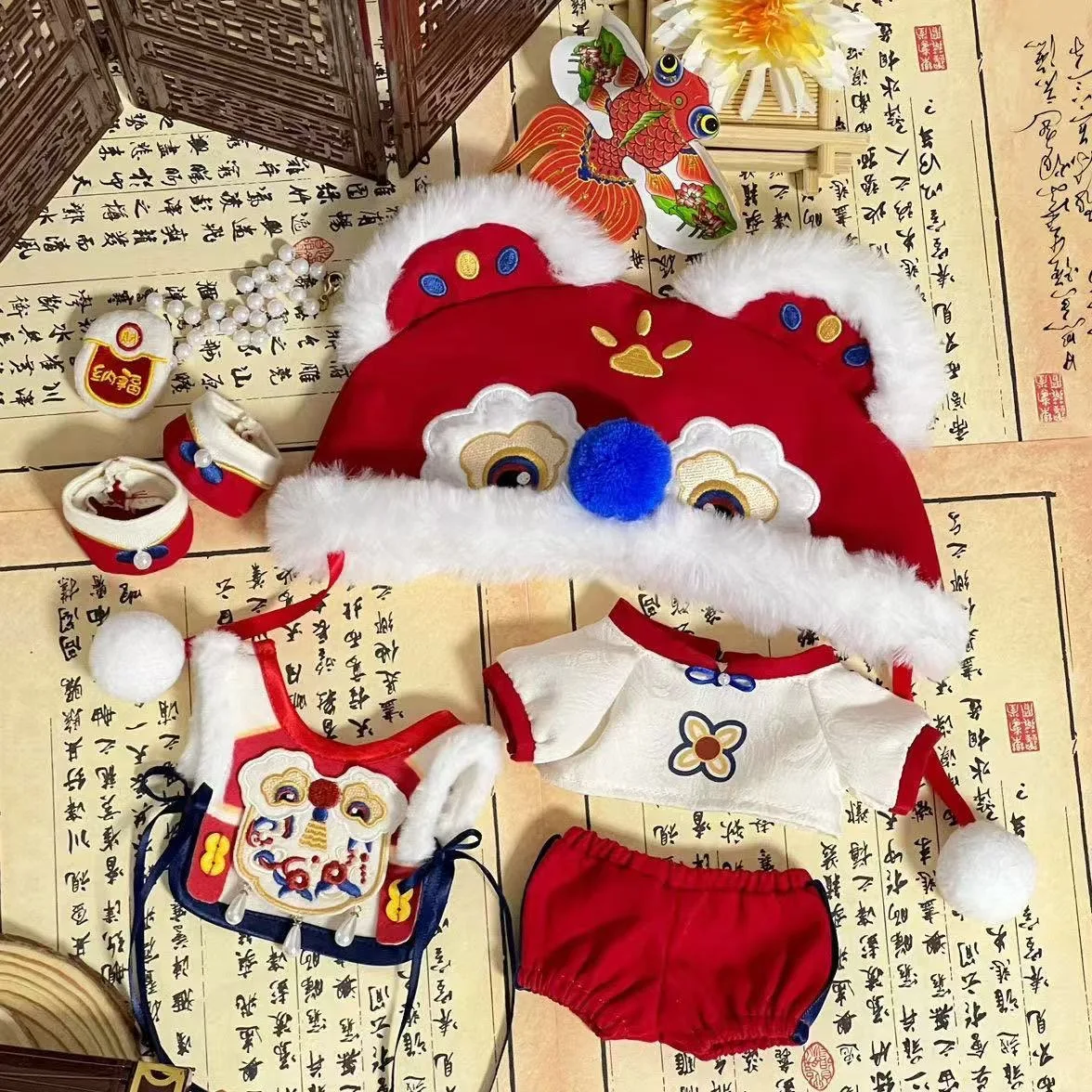 

Plush Doll Clothes Suitable for 10cm Mini Dolls Traditional Chinese New Year Festival Red Color Costume Set Accessories Gift