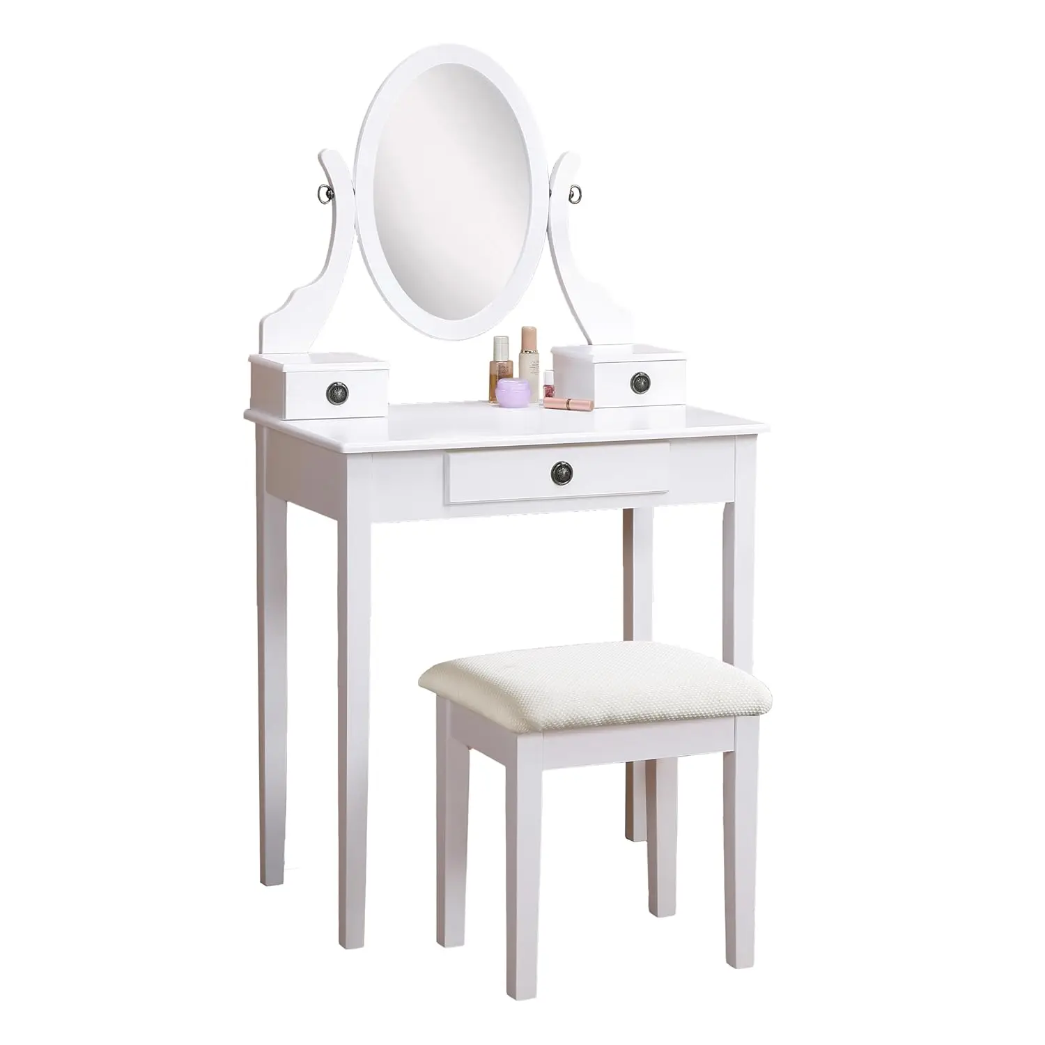 

White Wood Vanity Table & Stool Set with Mirror & Storage for Bedroom 3415WH, Customized