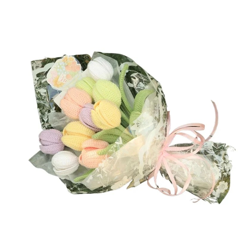 Crochet Tulip Hand Bouquet, Knitted Yarn Flower Gift for Mother & Girlfriend, Realistic Artificial Plant for Women's Day view 6