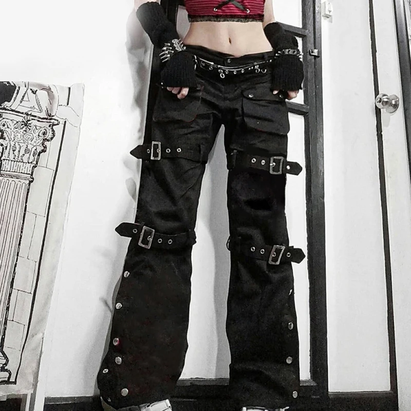Women Black Cargo Jeans with Multi Pockets Metal Buckle Belt Straight Trousers P8DB