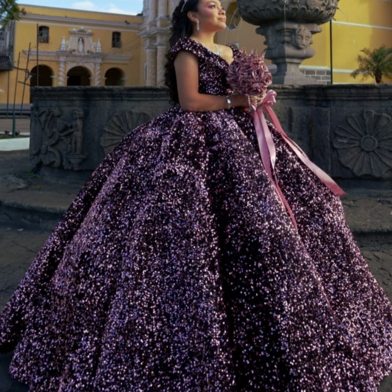 

Purple Shiny Quinceanera Dresses Ball Gown Off The Shoulder Sequin Corset Party Birthday Sweet 16 Dress Vestidos 15 De Anos