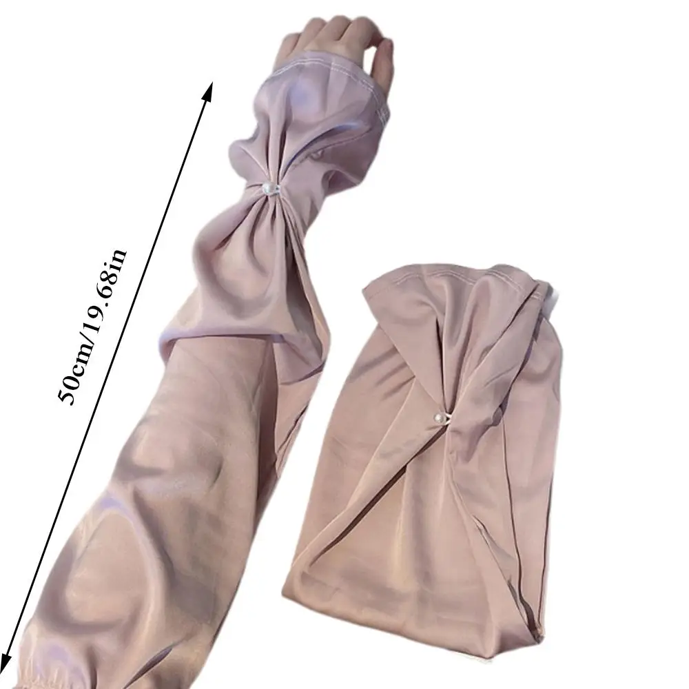 Guanti lunghi da equitazione in raso setoso sottile e traspirante, maniche lunghe, maniche larghe, fibbia perlata, morbida copertura estiva