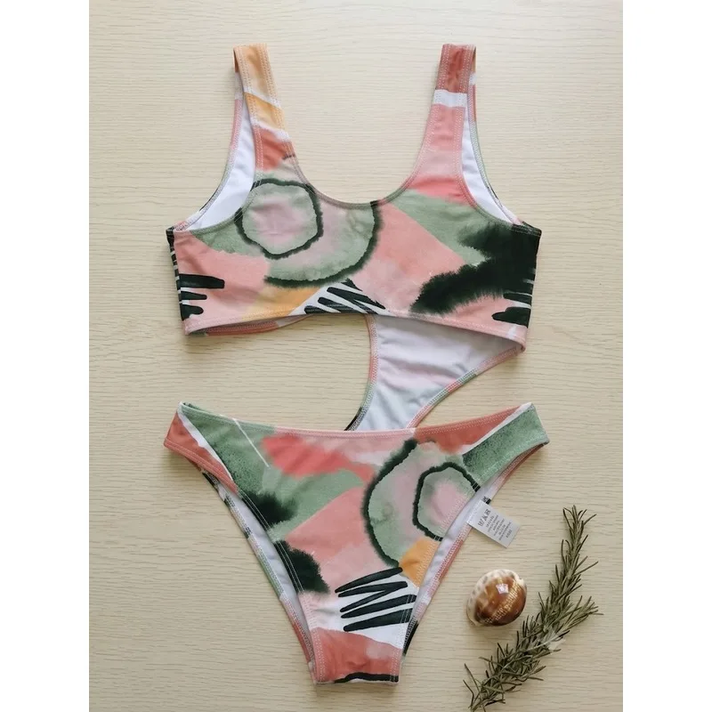 JEWELRY SEN Women Watercolor Tropical Print One Piece Monokini O Ring Cutout High Cut Beach Bathing Suit Swimwear