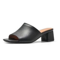 Comfortable Low Heel Slippers Women Summer Genuine Leather Open Toe Flip Flop Black Nude Mules Shoes Sandals Ladies Plus Size 46