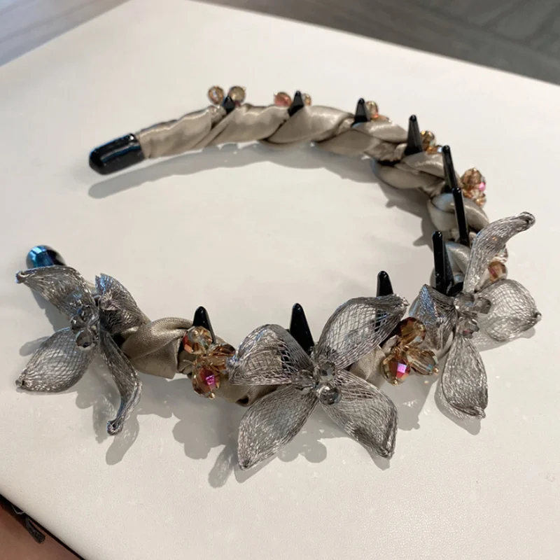 Luxury Crystal Mesh Flower Headband Handmade Wrapped Fabric Hair Hoop with Teeth Women Banquet Party Hair Accessory