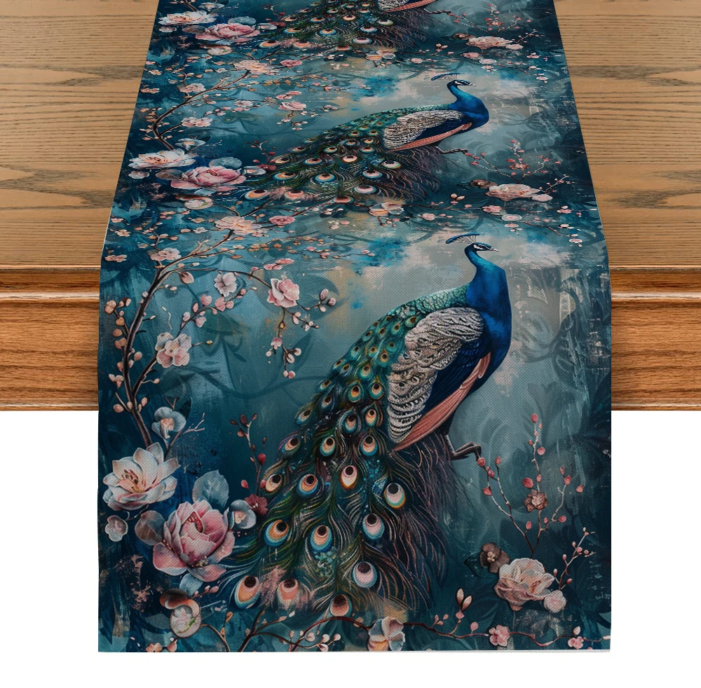 Oil Painting Peacock Plant Table Runner Wedding Decoration Cloth Dining Decor Coffee Table Runners Washable Dining Long Cloth