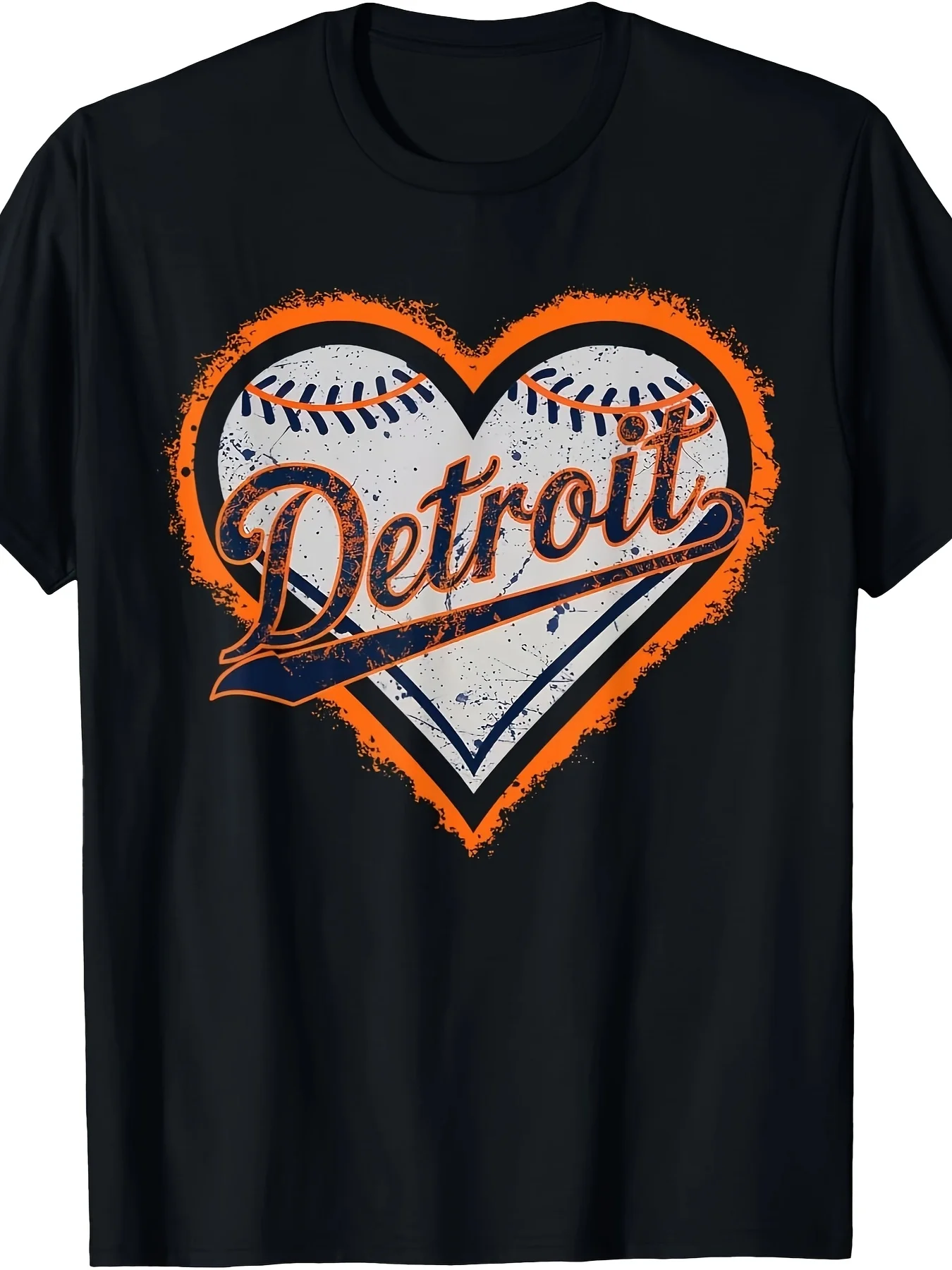

Футболка с рисунком Detroit Heart, 100% хлопок, повседневная футболка с круглым вырезом, короткий рукав, мужская модная черная с оранжево-белым бейсбольным дизайном