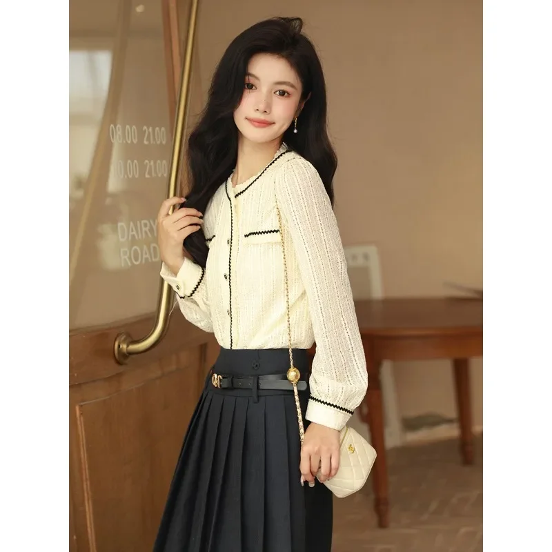 2023 New Hollow Out Long Sleeves Blouse for Women French OL Elegant Spring Autumn Lace Shirt Vacation Lolita Loose Clothing