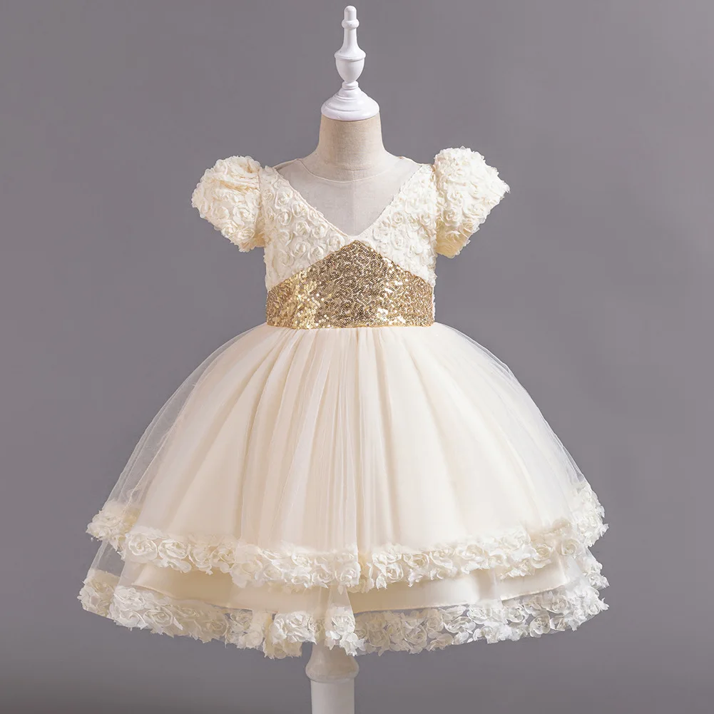 

Elegant Dress For Girls Puff Sleeves Rose Sequins Tulle Princess Dress For Kids Wedding Birthday Party Pageant Performance Gown