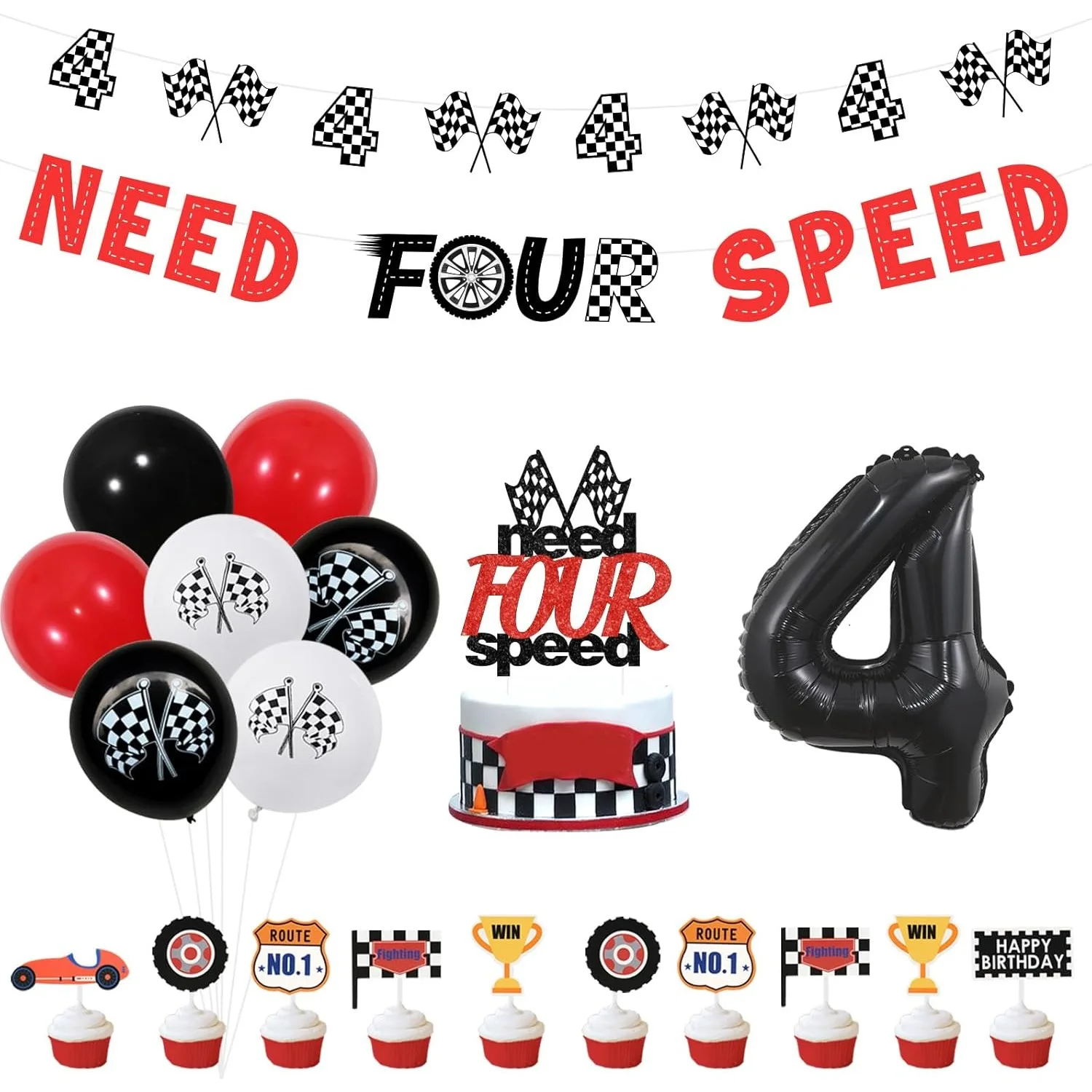 

JOYMEMO Four Speed Decorations Race Car 4th Birthday Party Decors Banner Cupcake Checkered Flag Banner Number 4 Foil Balloons