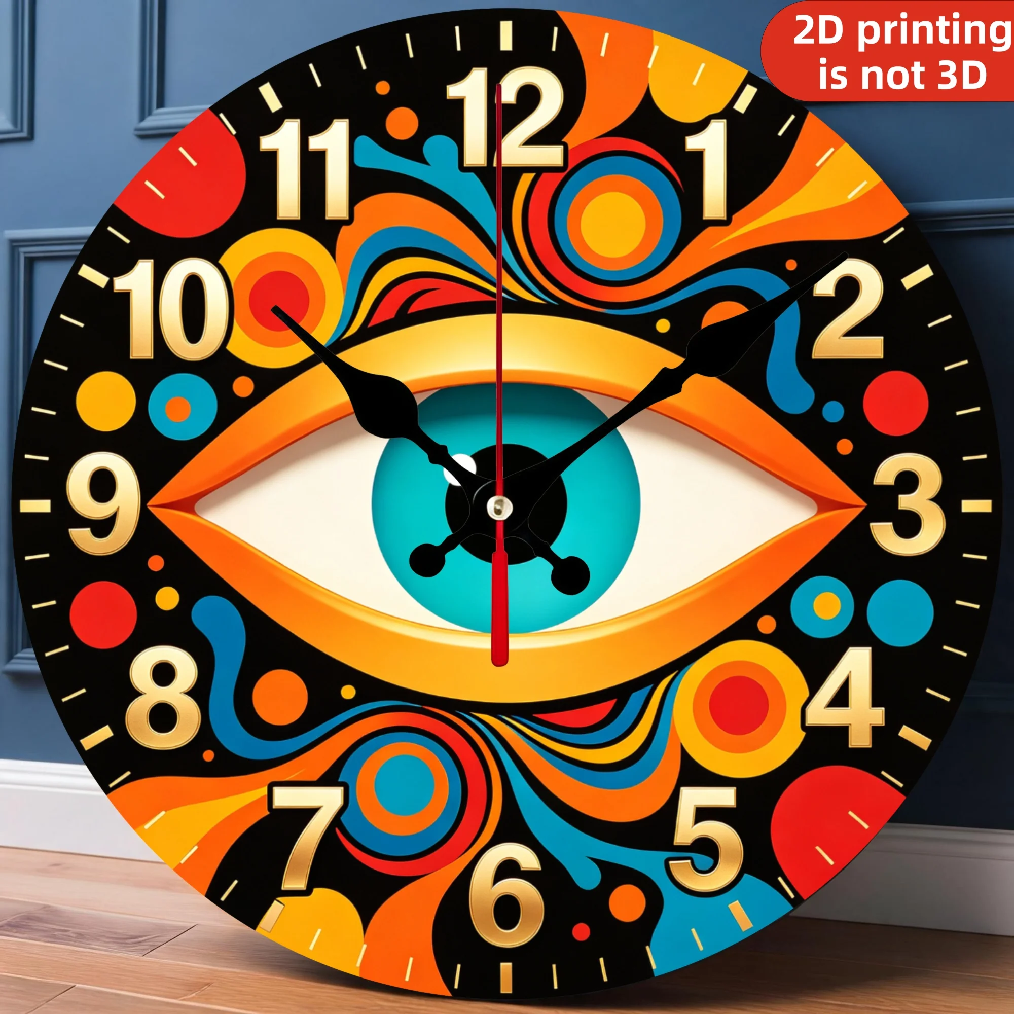 Psychedelic Groovy 70s Abstract Eye Wooden Wall Clock, 10/12 Inch Round Wood Clock, Silent Non Ticking Quartz Movement, Vibrant Orange Blue Swirl Printed Home Decor