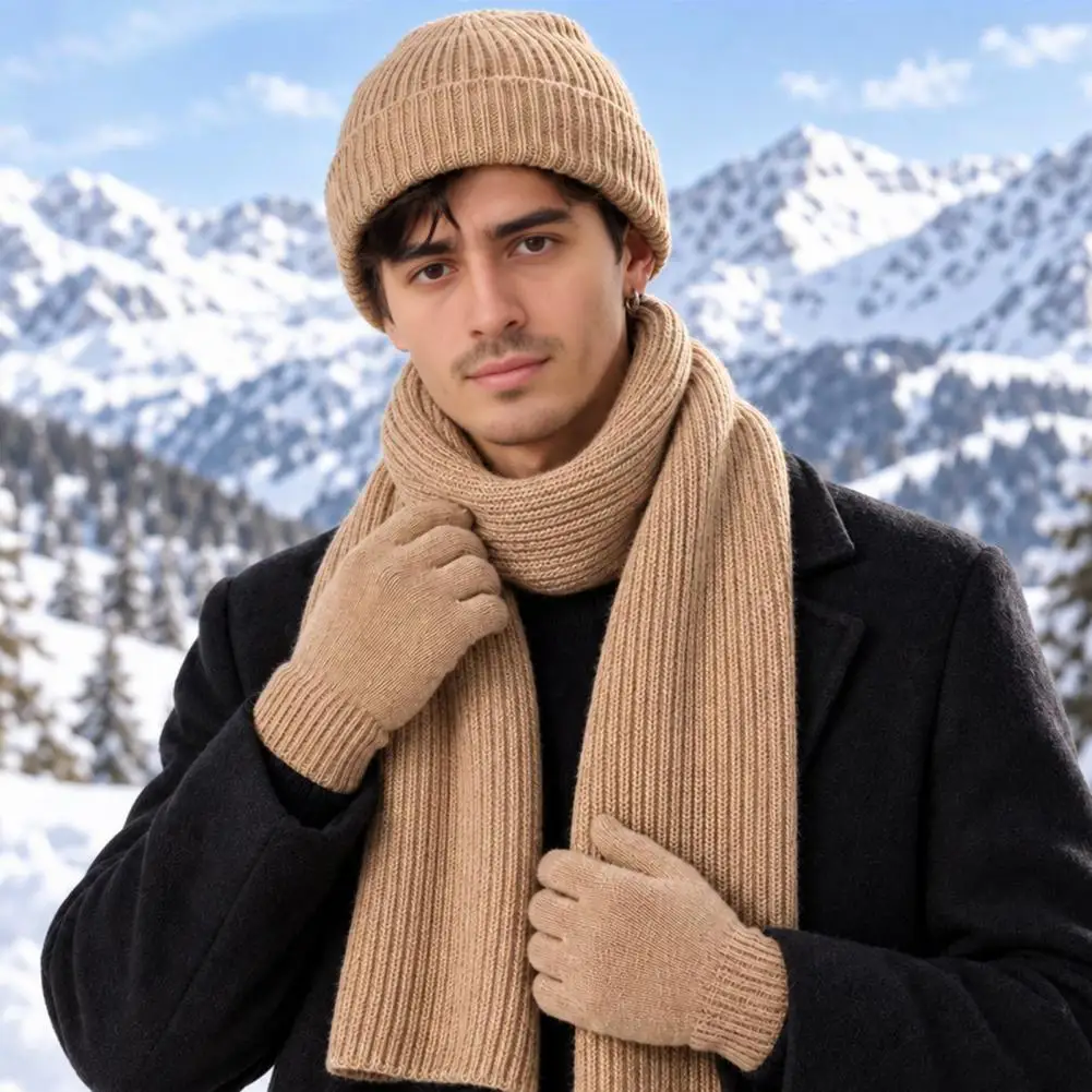 Winter Knitted Hat Scarf Gloves Set for Men Cold Weather Gear for Outdoor Cycling Skiing Men's Knitted Hat Scarf Set for Outdoor
