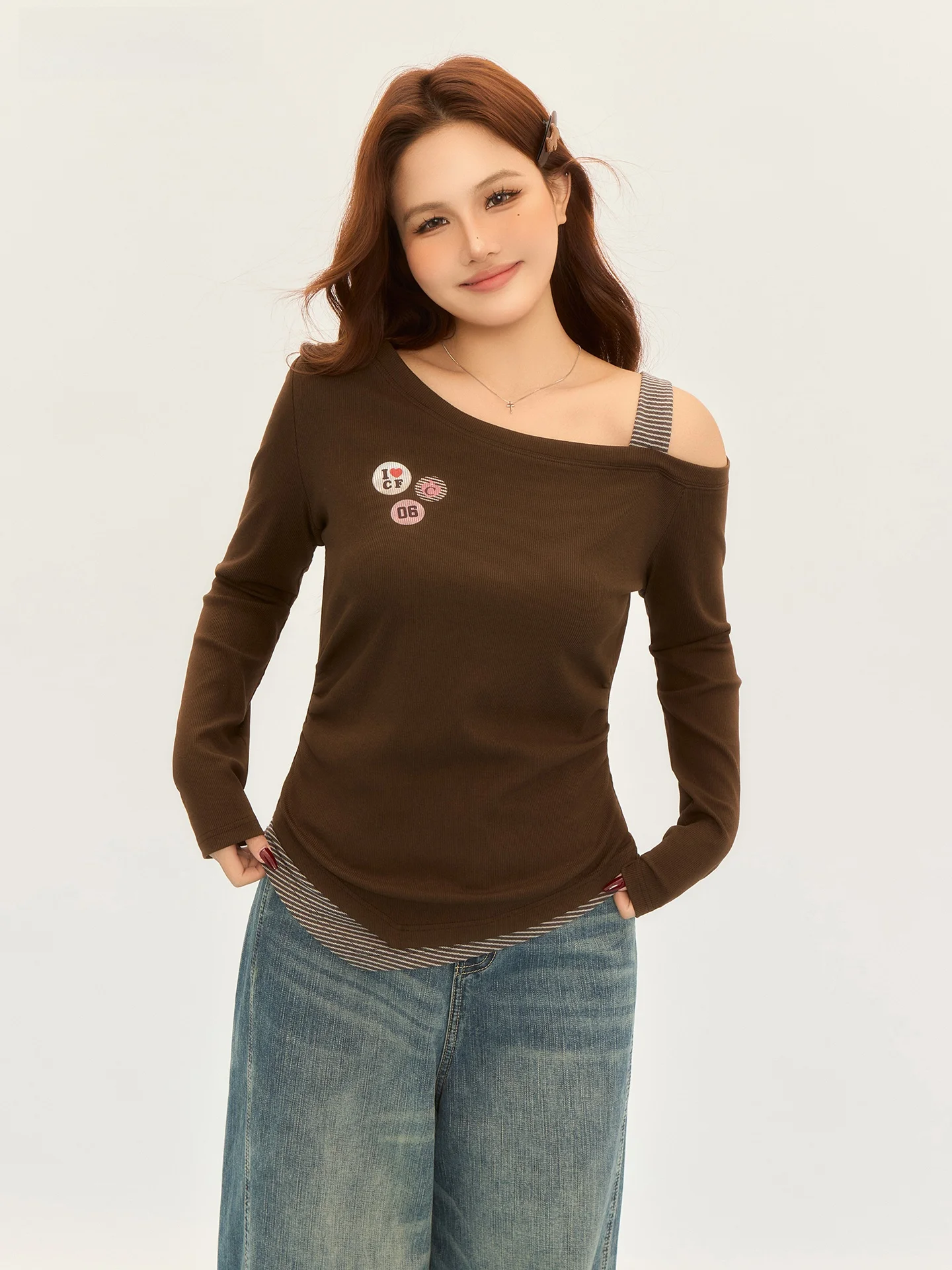 

Женская футболка Slim Fit с длинными рукавами и принтом, из смесового хлопка, эластичная, удобная, шикарная, с фруктовым принтом, модный топ