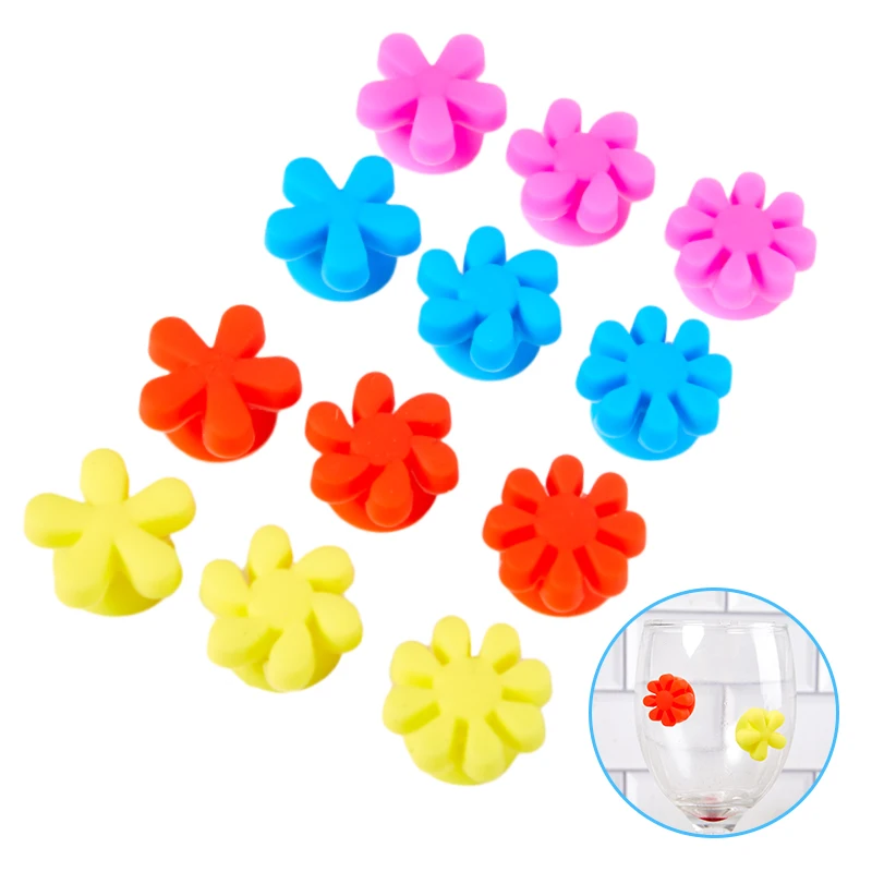 12Pcs/Set Silicone Flower Wine Glass Charms Wine Glass Marker Bar Party Wine Cocktails Drinking Cup Sign Suction Cup Identifier