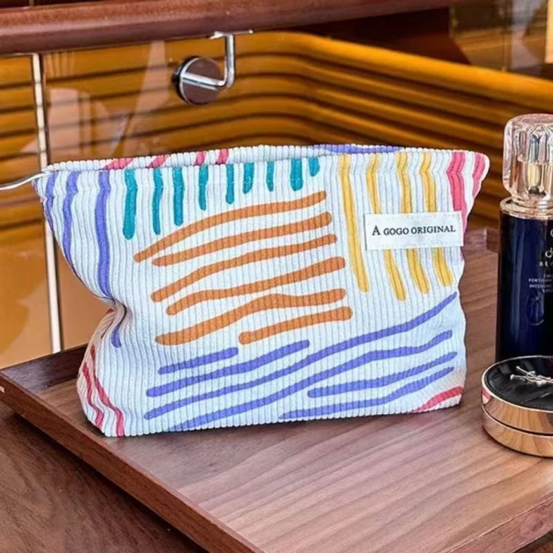 Corduroy Cosmetic Bag, Striped Portable Toiletry Bag for Skin Care Storage, Travel Essentials for Students & Business Trips