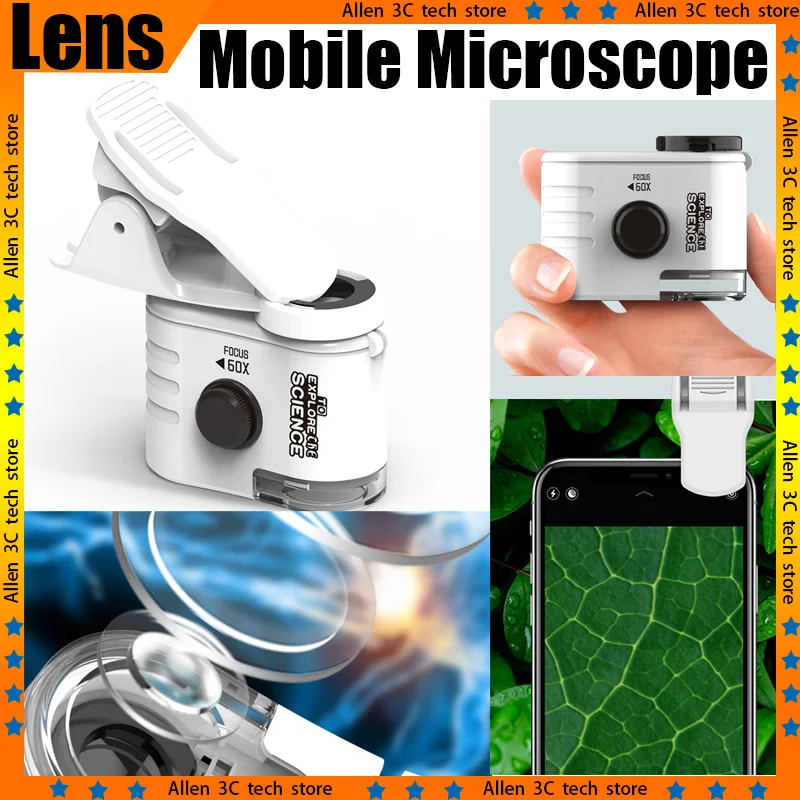 Phone Mini Optical Microscope Lens For iPhone Samsung Xiaomi Huawei Portable Len With Phone Clip Fill Light For Microphotography