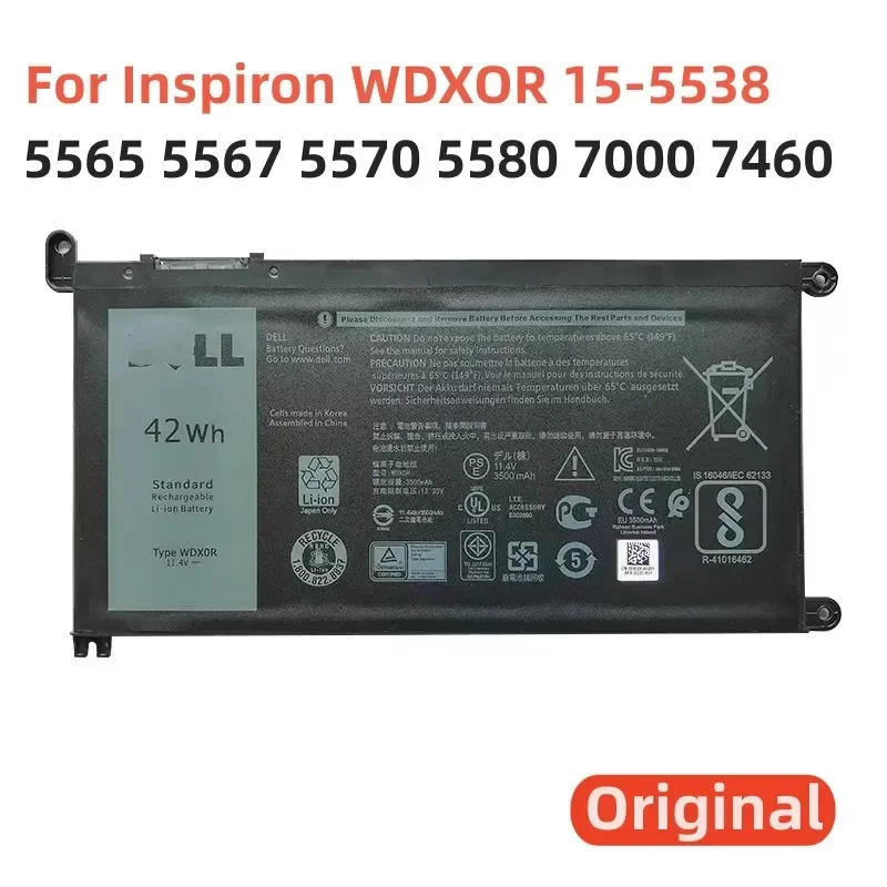 100% Originele 3680Mah Voor Dell Inspiron Wdxor 15-5538 5565 5567 5570 5580 7000 7460 7560 7570 7572 7579 Laptop Computer Batterij