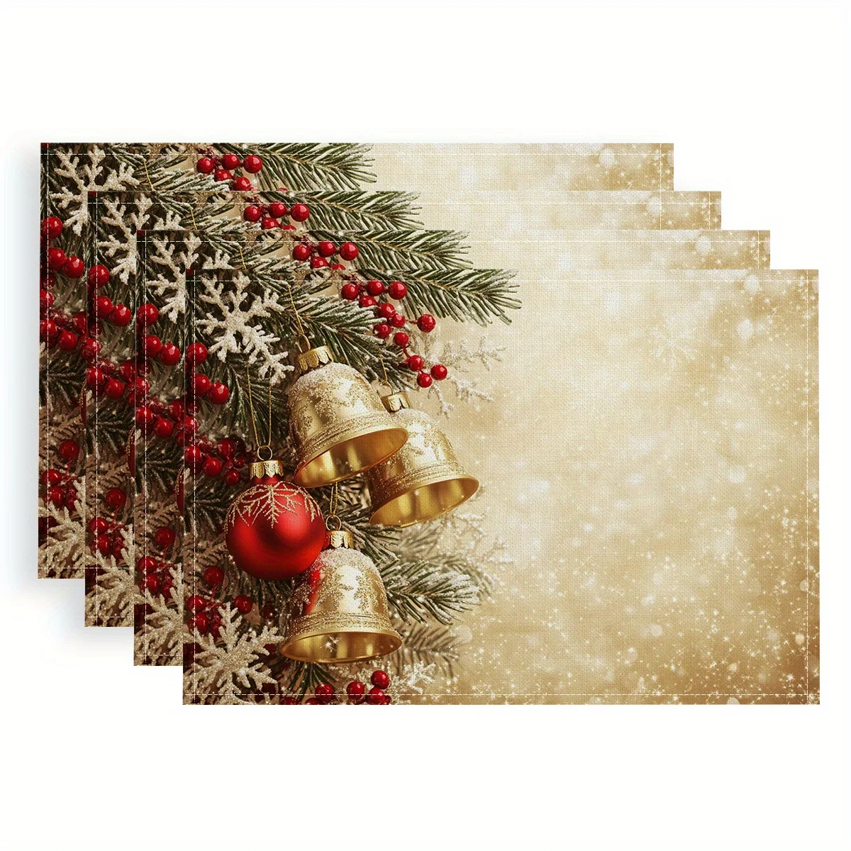 4pcs Vintage Christmas Placemats Festive Polyester Table Mats with Snowflakes, Bells Holly Design 18x11.8 Inches