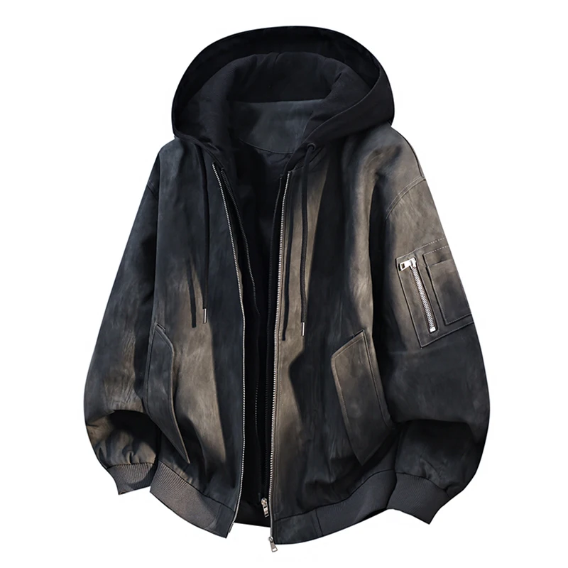 New American Style Fake Two-Piece Jacket For Men, Autumn And Winter Thick Youth Windproof Loose PU Leather Coat