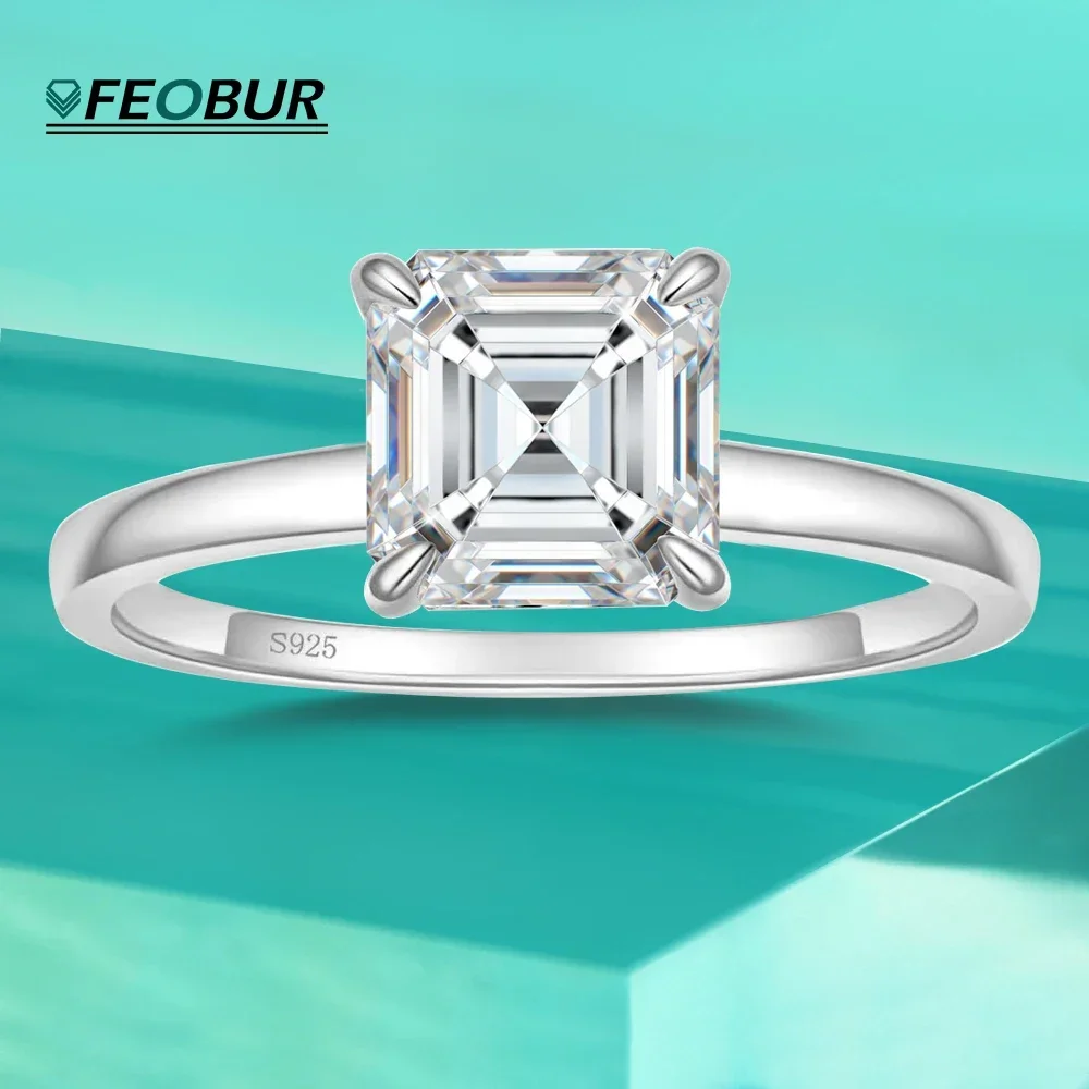 

FEOBUR 1CT Asscher Cut Moissanite Diamond Ring for Women 100% 925 Sterling Silver Brilliant Engagement Wedding Band Jewelry Gift