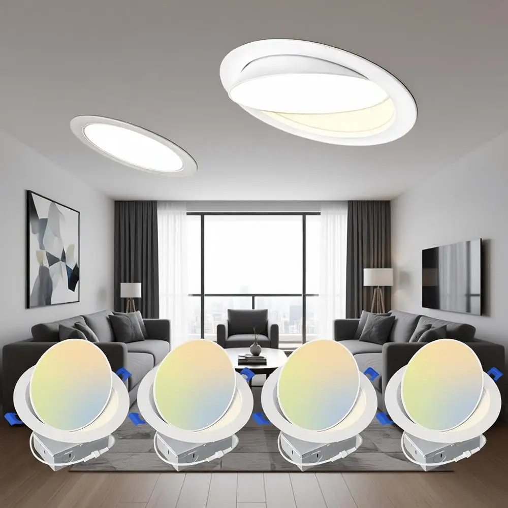 

6-дюймовый светодиодный встраиваемый светильник 5CCT, 360° ° +90 ° Поворотные, регулируемые по яркости встраиваемые светильники, регулируемый потолочный светильник, 13