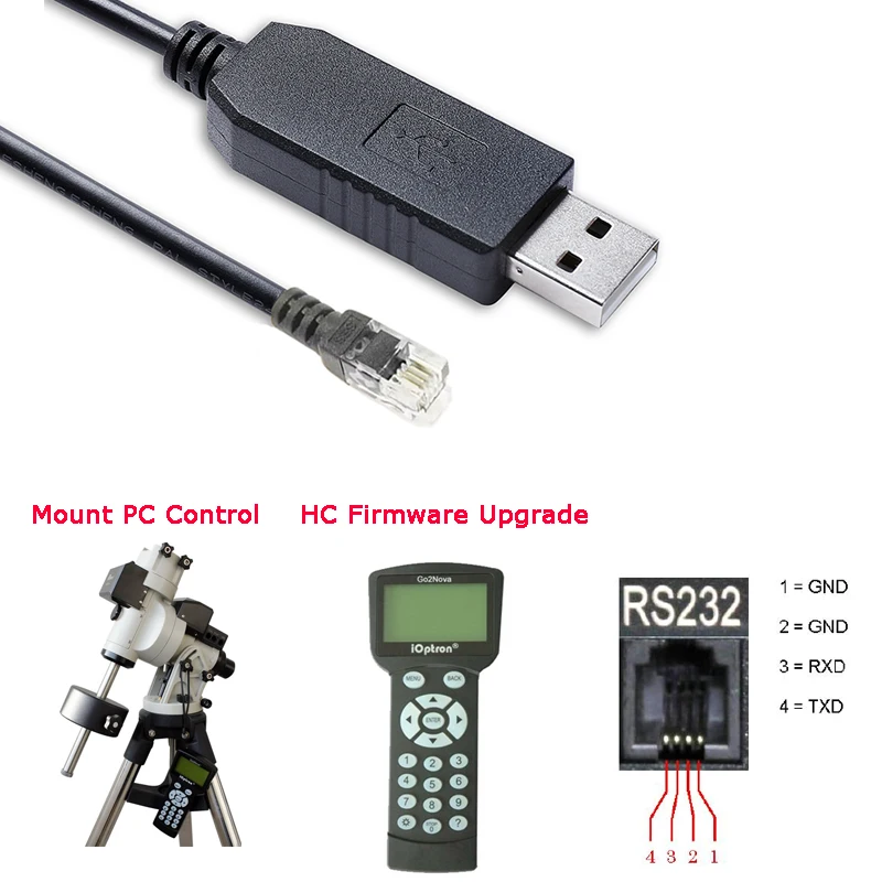 

Ioptron 4P4C RJ9 to RS232 serial cable for Ioptron IEQ30 Pro IEQ45 Pro CEM60 Firmware Upgrade and Mount PC Control.