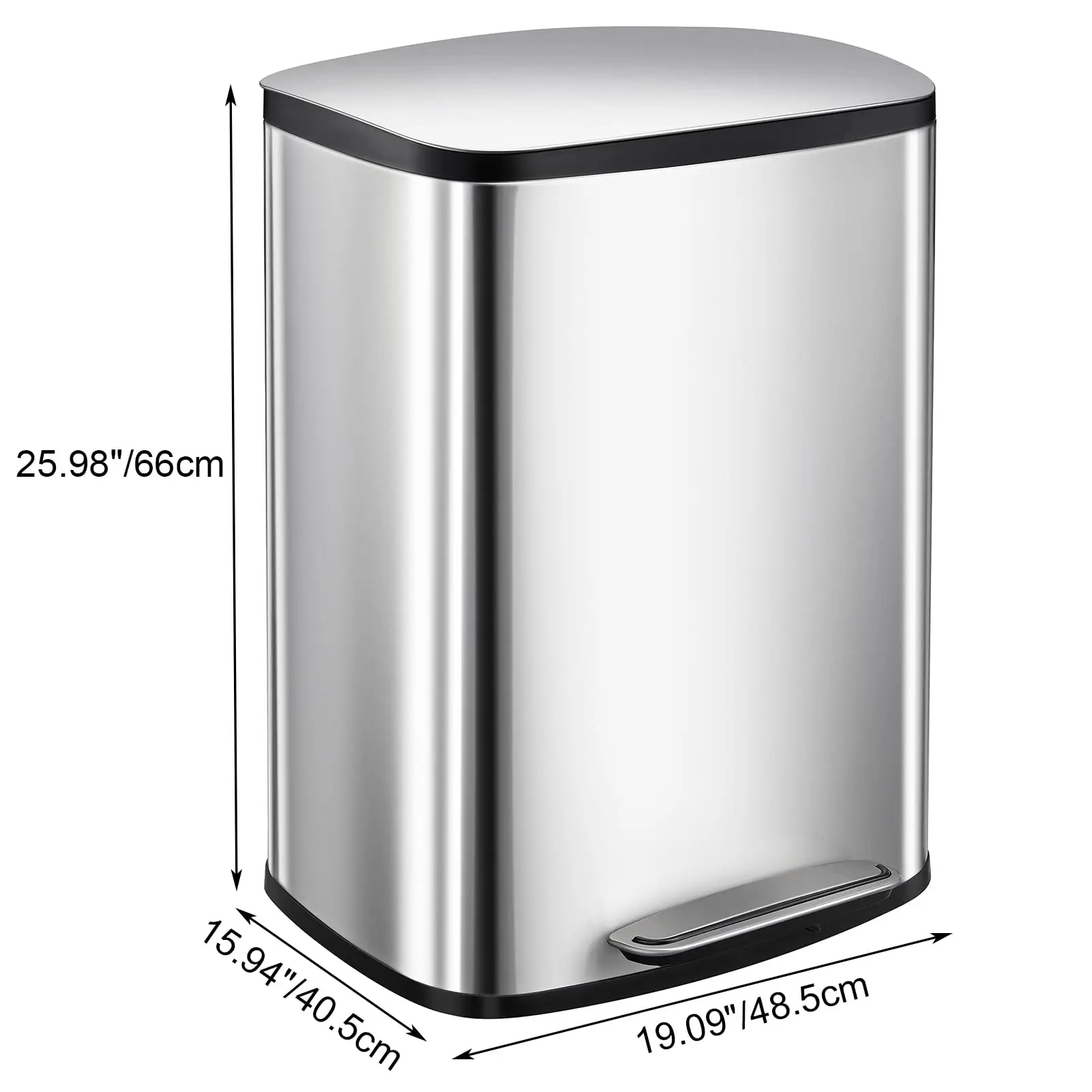 Kitchen Trash Can, 50L , Inner Liner & Soft-Close Lid, Brushed Stainless Steel, Bathroom Trash Bin for Bedroom Home Office