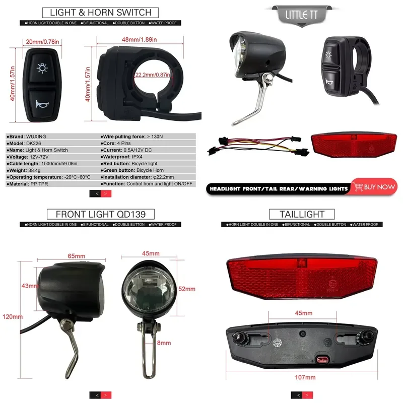 for Bicycle Lithium Battery Modified Ebike Electric Vehicle Light Set Front Rear Light Horn Three in One Kit Model