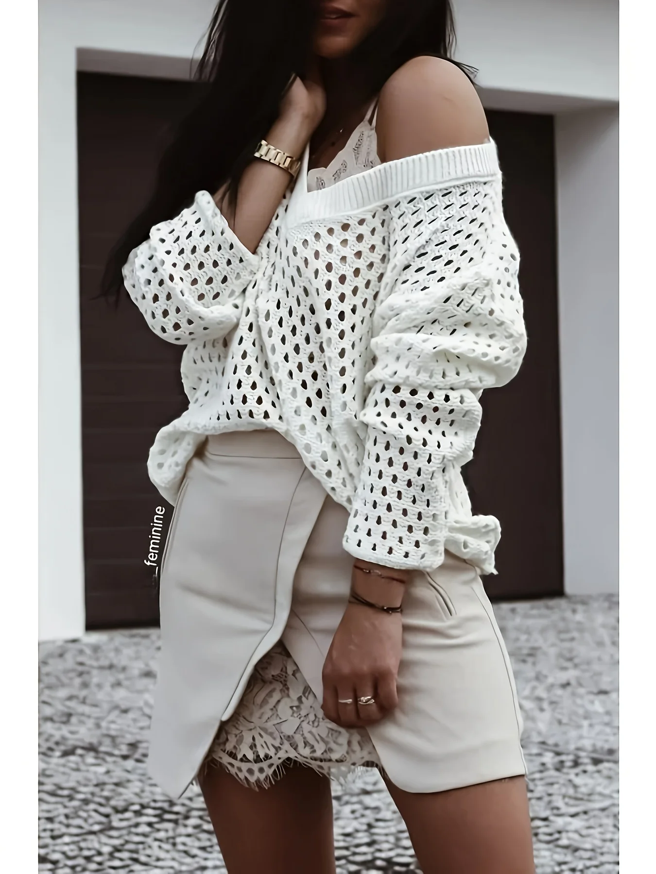 

Women's Summer Loose Fit Hollow Out Knit Top V Neck Long Sleeve Off Shoulder Crochet Sweater Casual Vacation Beach Wear