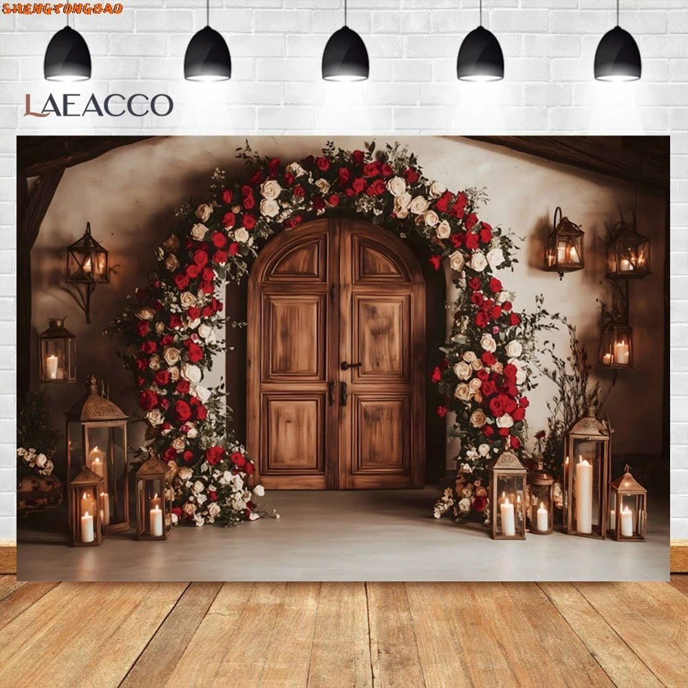 Valentine's Day Photography Backdrops Red Rose Candle Brick Wall Arch Door Wedding Bridal Shower Background Photo Booth Studio