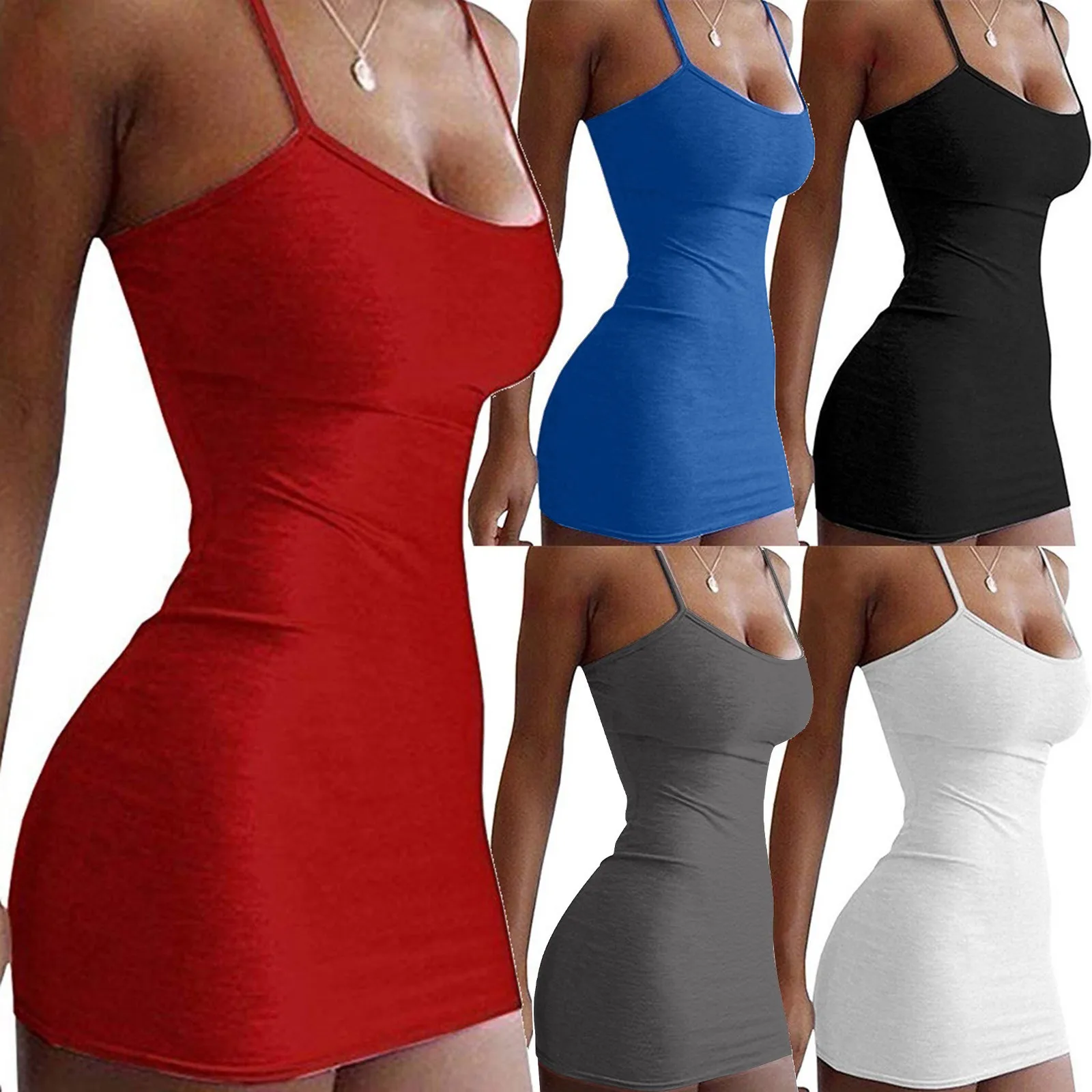 Nuevo vestido sexy ajustado de verano 2026 con tirantes finos, minifalda y camisola de color liso para fiesta