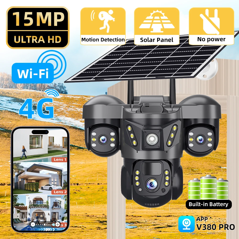 V380 PRO 15MP 10X Zoom Lente Tripla 4G Câmera Solar Ao Ar Livre CCTV PIR Detecção de Movimento Vigilância de Segurança de 3 Tela