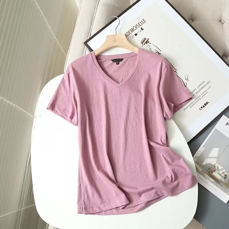 Jenny&Dave Fashion Ladies Nordic Minimalist Summer T-shirt For Women Tops Multicolor Solid Basic Cotton Blend V-neck T-shirt