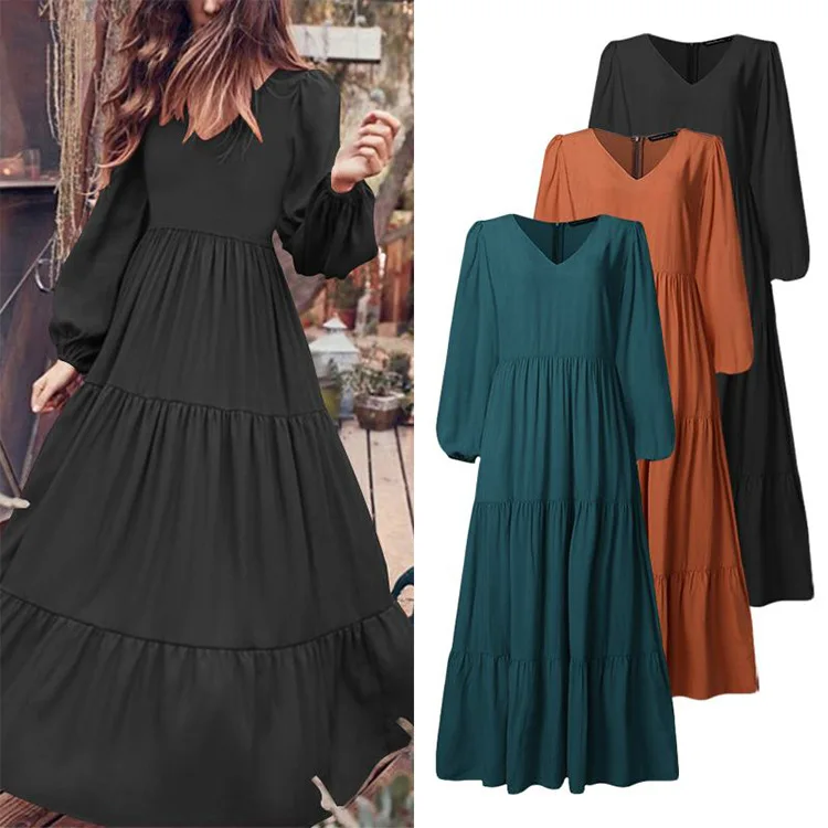 

Muslim Fashion Abaya Women V Neck Casual Chiffon Dresses Ruffle Long Sleeve Women Dresses Casual Loose Flow Swing Dresses