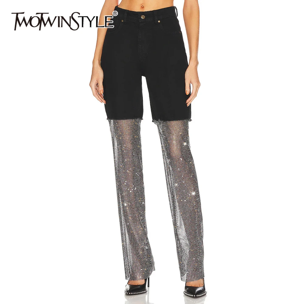 

TWOTWINSTYLE однотонные утягивающие сетчатые темпераментные брюки для женщин с высокой талией в стиле пэчворк с бриллиантами модные брюки женская одежда