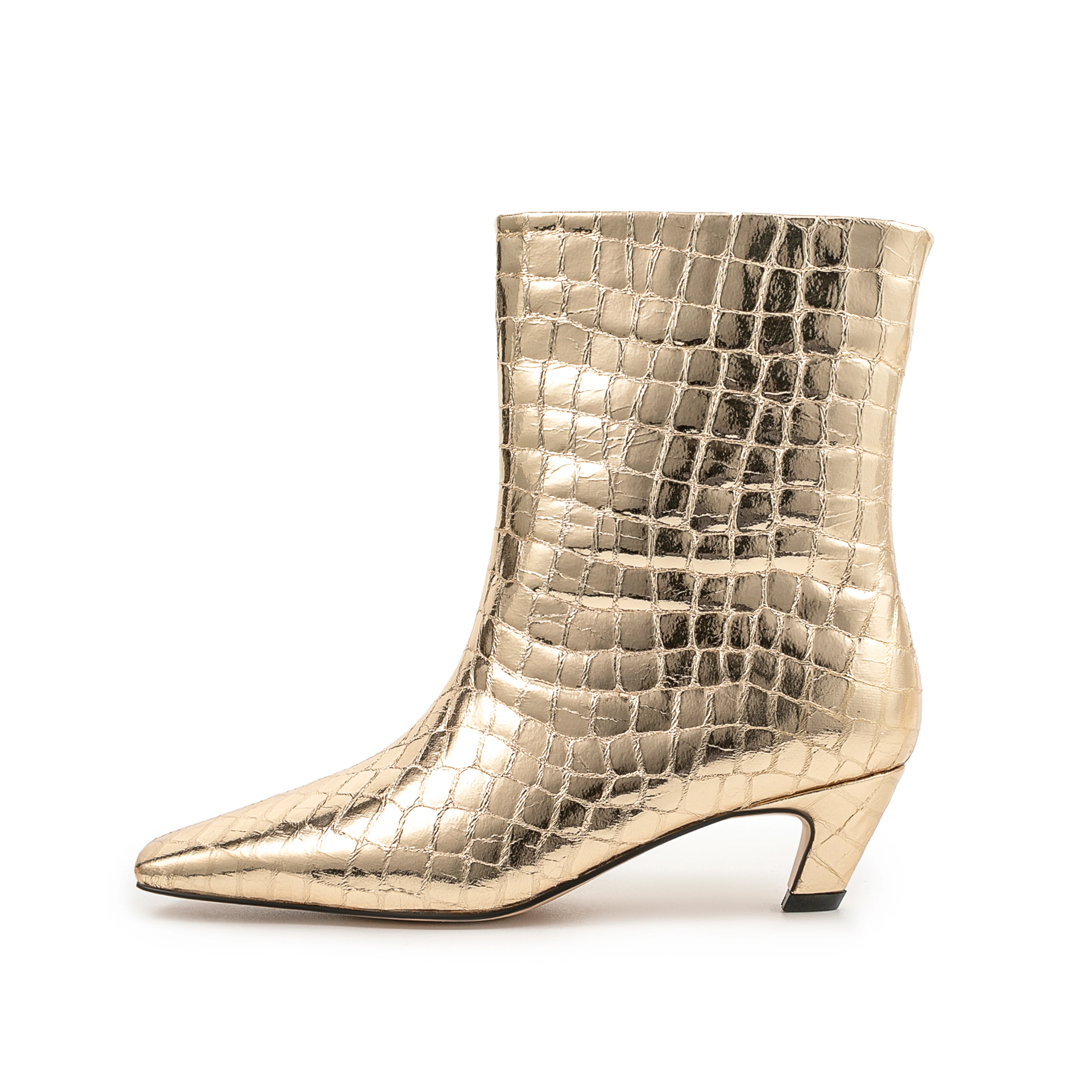 

Arden Furtado 2024 Stone-patterned metal leather Square head Coarse heel Middle heel Short boots Extra large size Modern boots