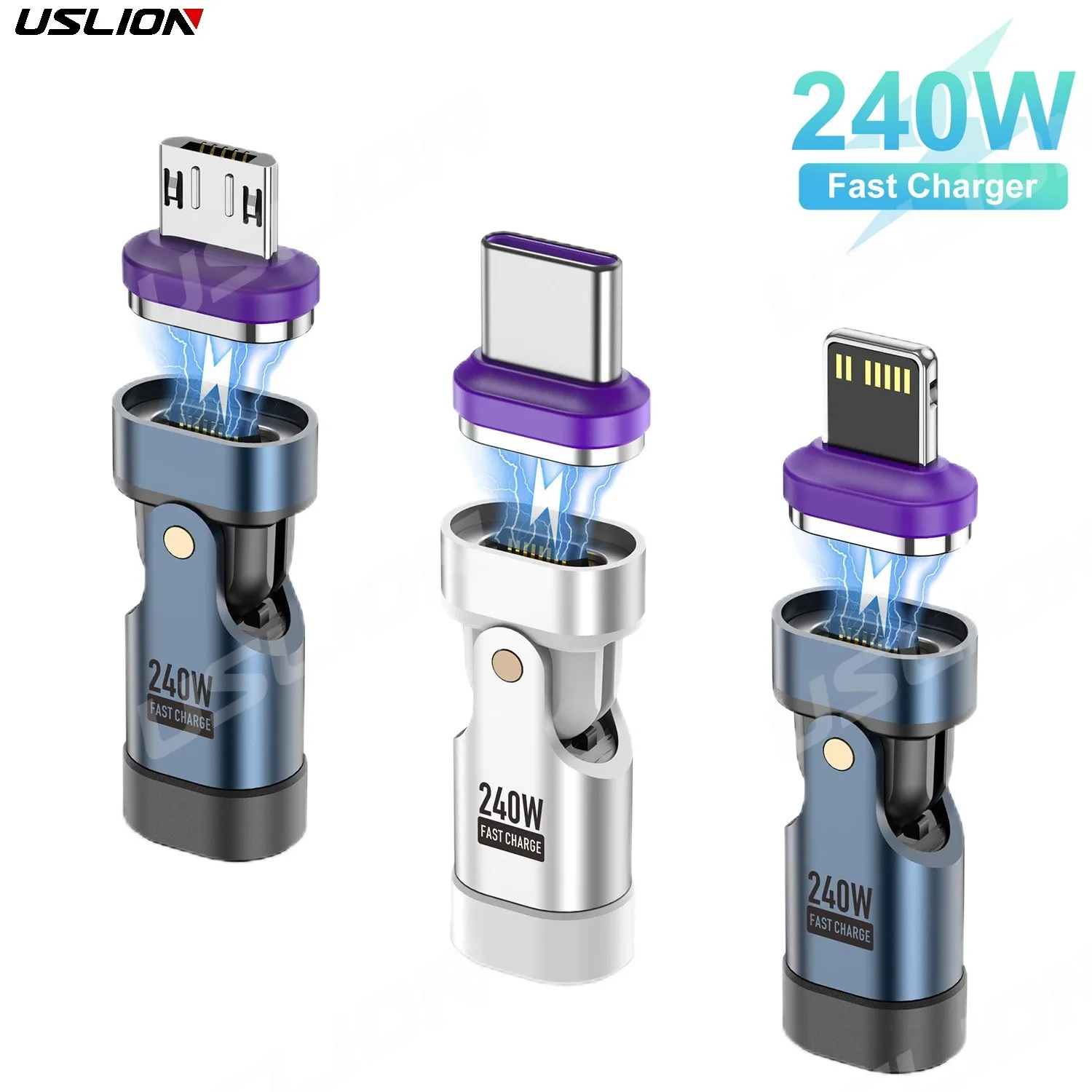 USLION PD240W Magnetic Converter 180° Rotatble USB C to USB C Micro USB ios Charing Adapter Data for iphone16 Samsung Xiaomi
