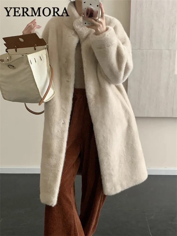 YERMORA Beige Elegant Faux Fur Jacket Loose Fit New Stand Collar Long Sleeve Women Coat Fashion Tide Spring Autumn 2024