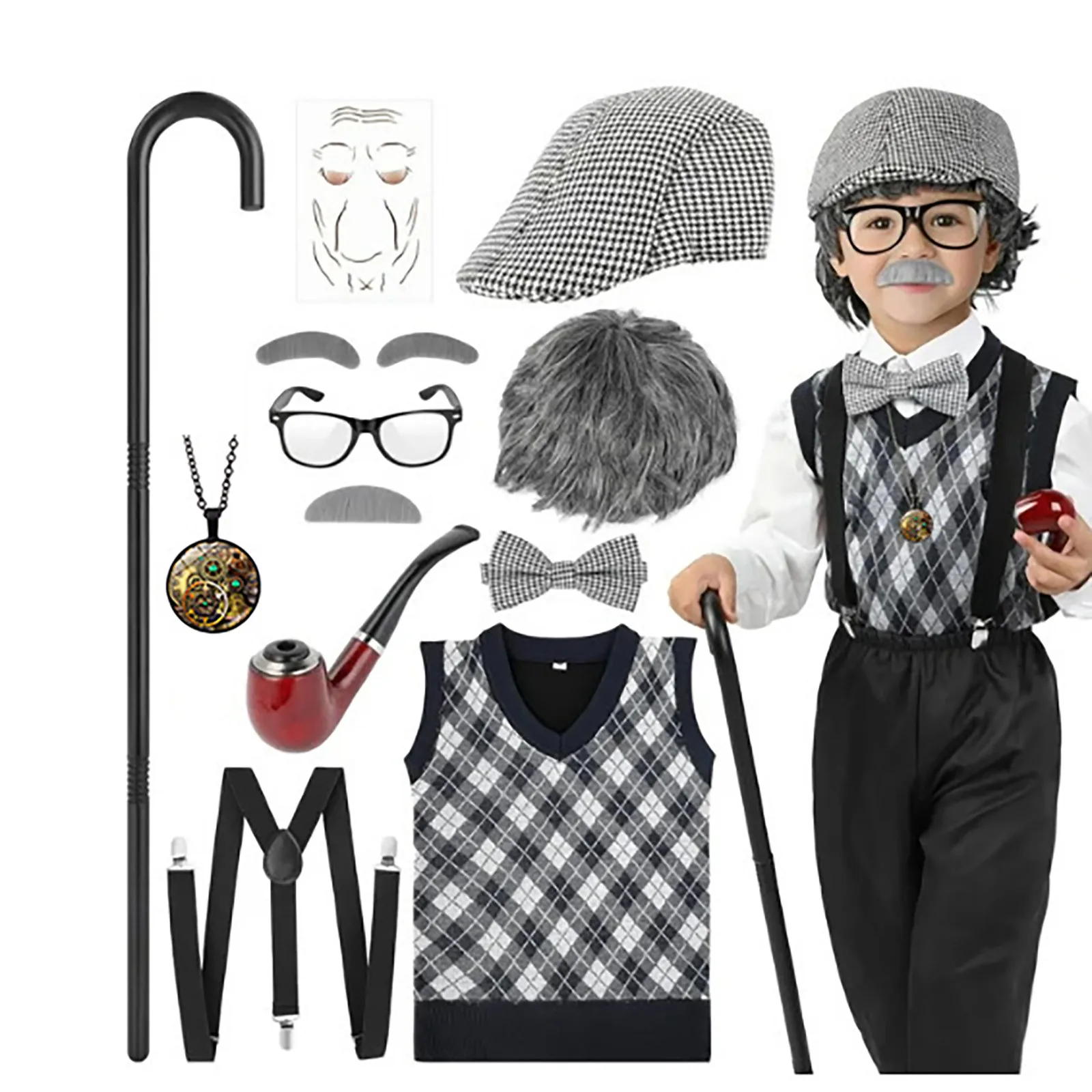 

2024 New Kids 100 Days of School Costume for Boys Halloween Old Man Costume Hat Glasses Wig and Grandpa Vest Cane Full Set Child