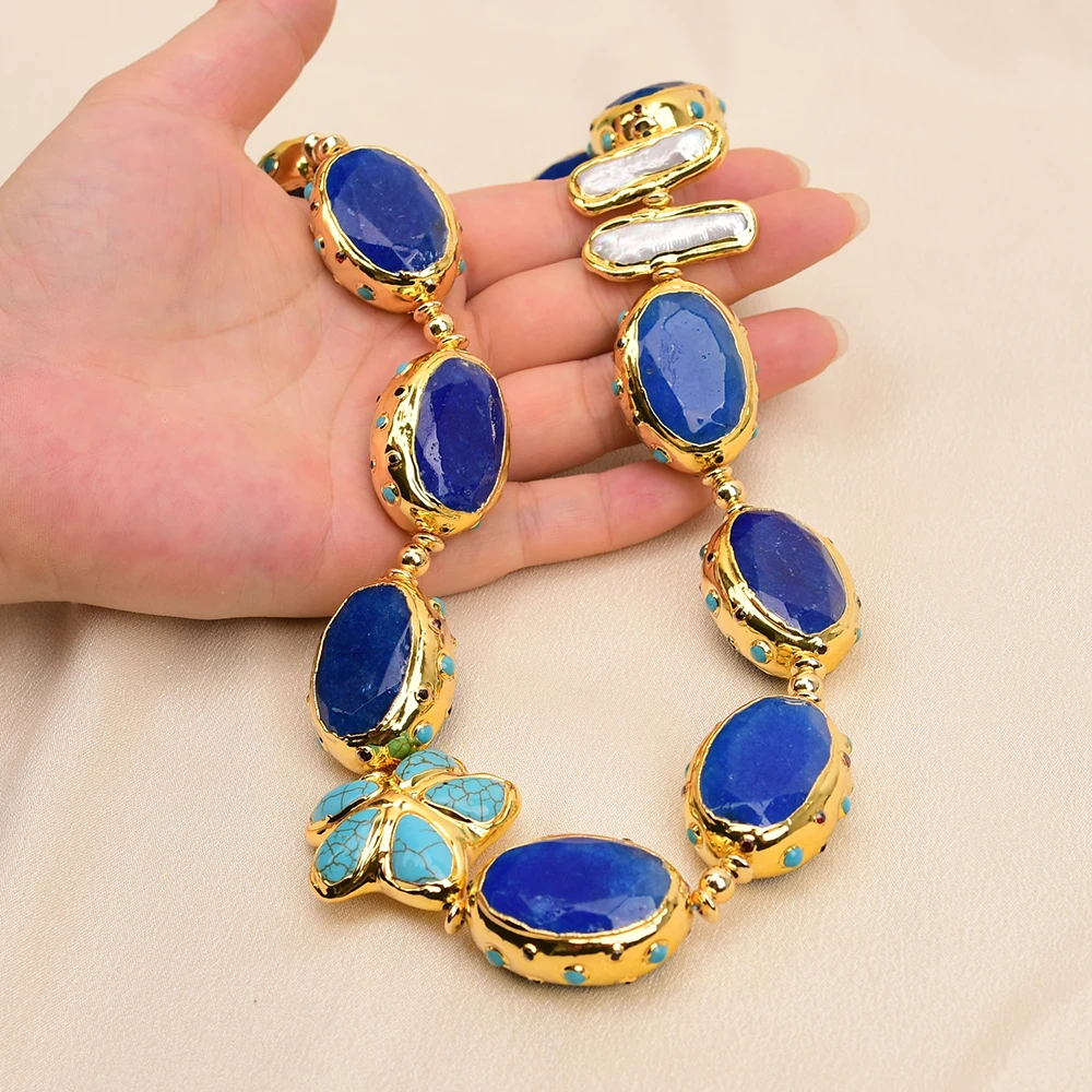 

G-G 19'' Natural Blue Jade White Biwa Pearl Turquoise Flower Gold Plated Beads Necklace