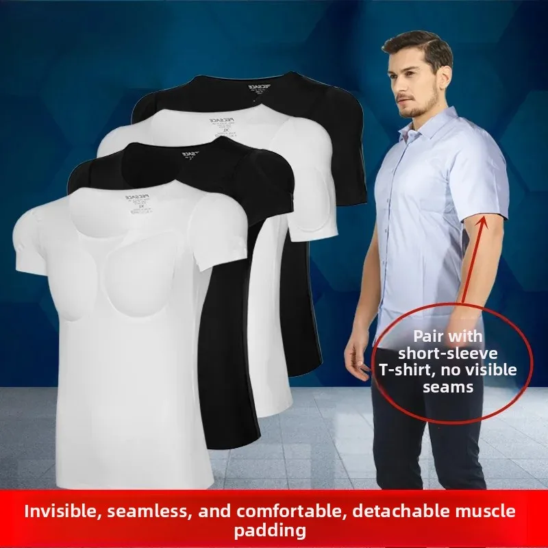 New Invisible Short Sleeve Muscle T-Shirt Men's Padded Shoulder Fake Chest Muscle Top Slim Fit Base Layer Youth Fashion