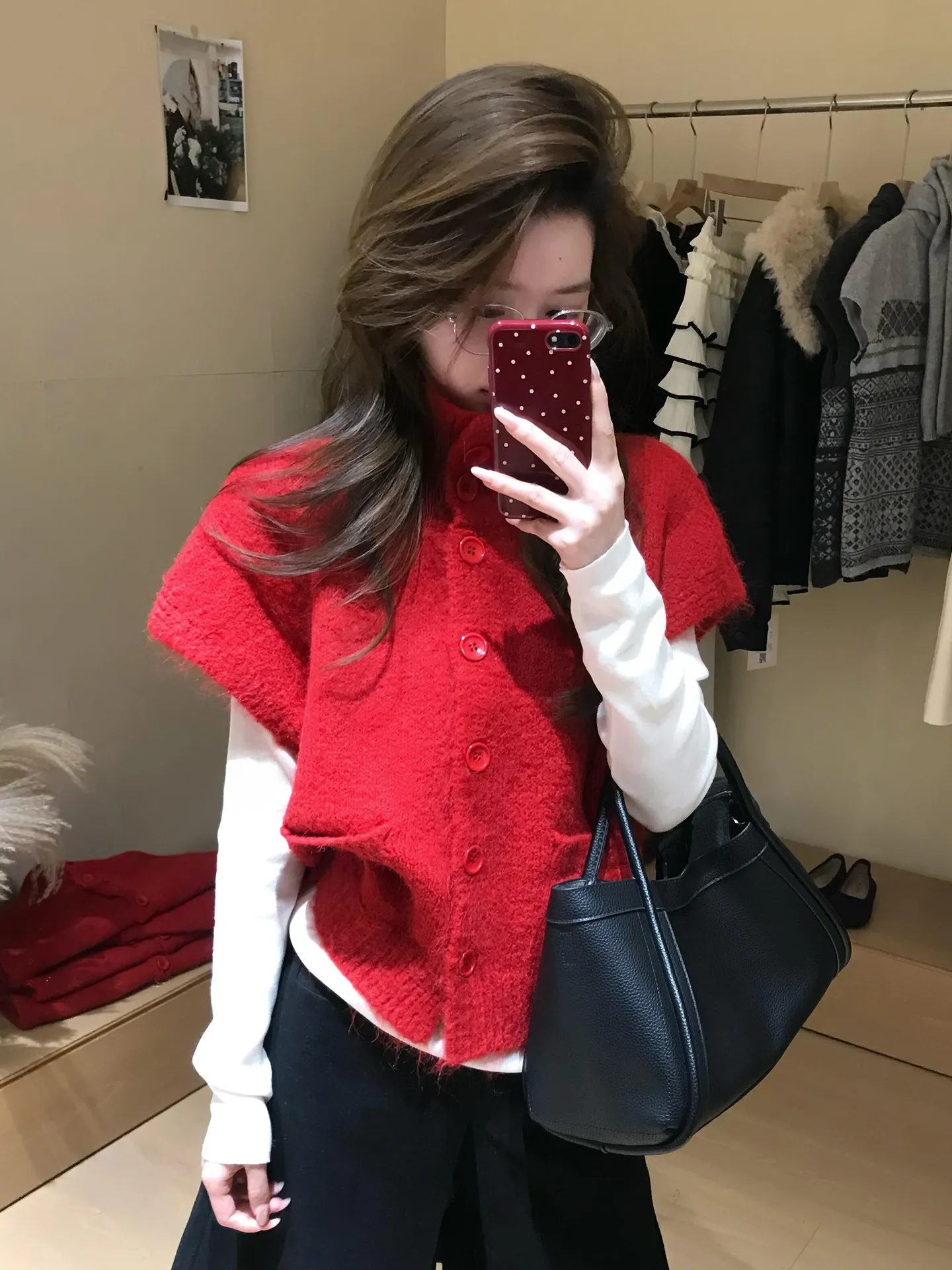 

Корейский стиль: Красный вязаный кардиган без рукавов с высоким воротником, модный осенне-зимний свитер с открытыми плечами для женщин