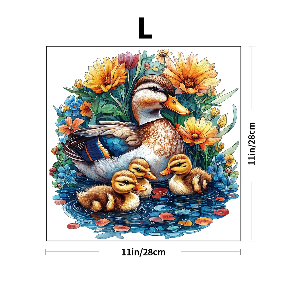 Wooden Jigsaw Puzzle - Duck Family & Flowers Design With Unique Animal-Shaped Pieces, Challenging Puzzle For Adults And Kids, Id