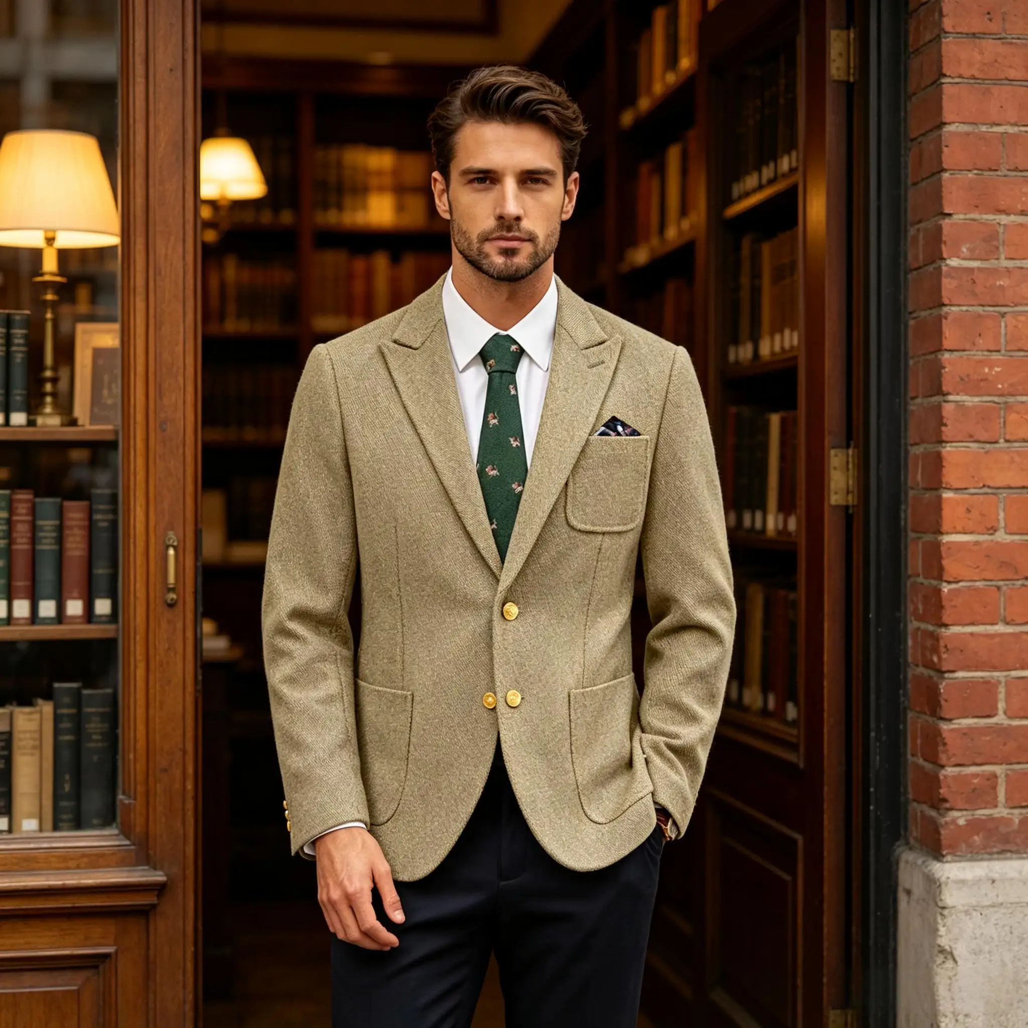 Men Tweed Blazer Notched Lapel Gold Buttons Slim Fit Jacket Vintage Business Casual Gentleman Outerwear