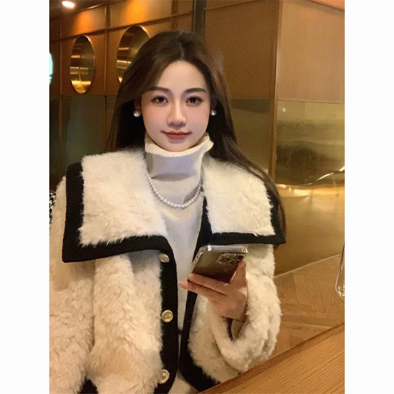 White Large Lapel Milk White Fur Coat plush coat Autumn And Winter Thickened Short Velvet Plush Top Lamb Wool Coat Plush Coat