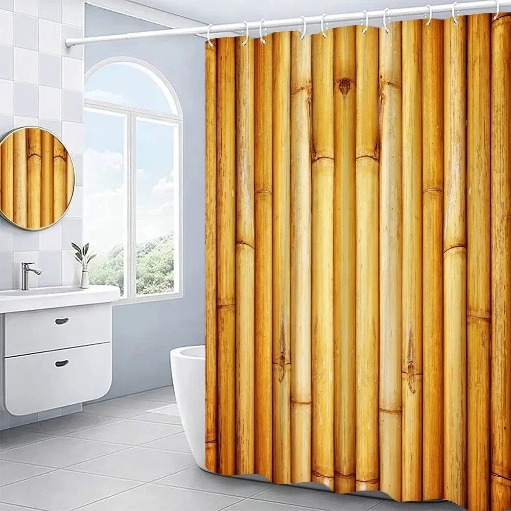 Conjunto de Cortina de ducha de bambú 3D, patrón de grano de madera, pintura de flores y loto, decoración de baño, pantallas de baño de tela de poliéster, Cortina Baño