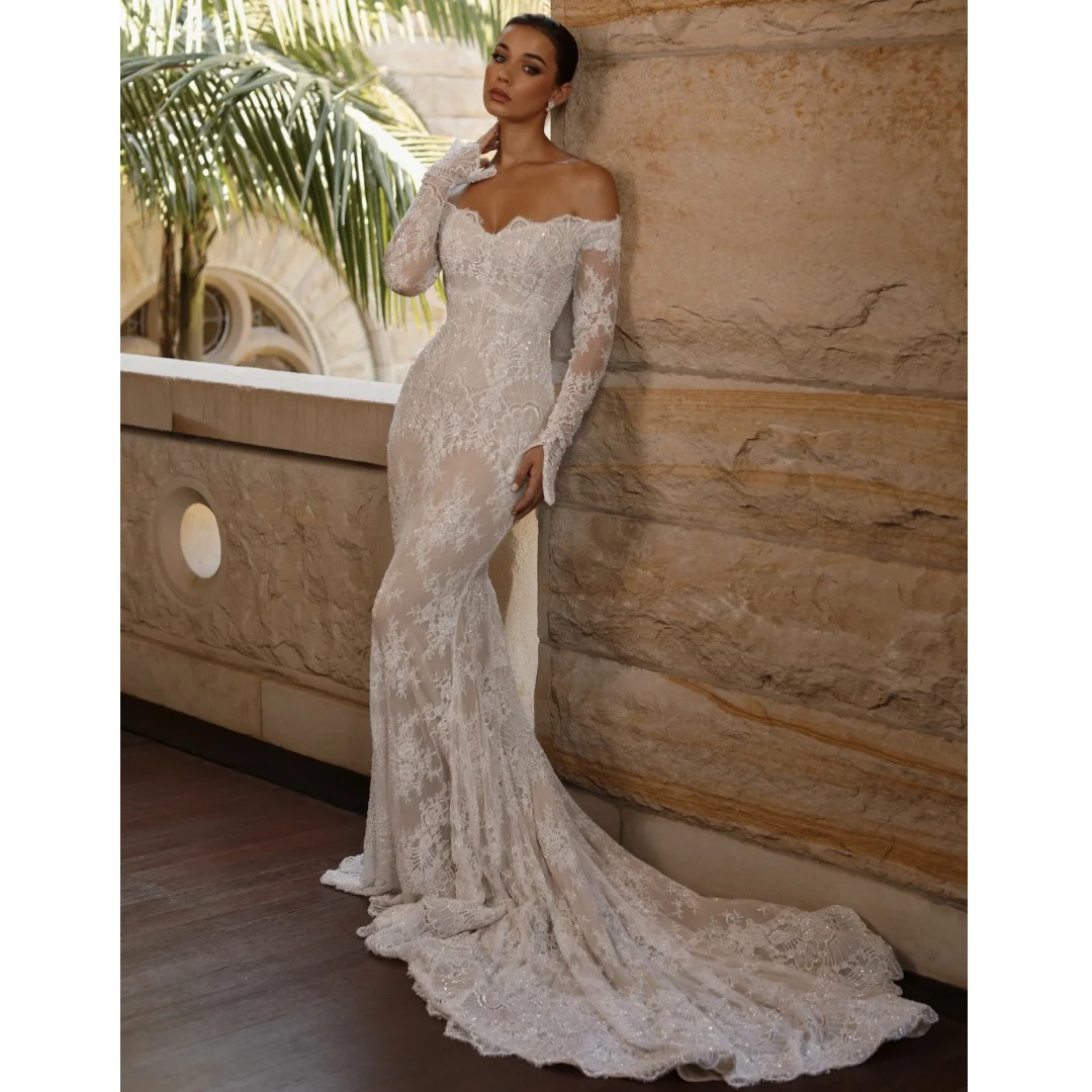 

Ivory Mermaid Wedding Dresses Lace Long Sleeves Bridal Gown Off the Shoulder Sequined Party Dress robe de mariée Customized